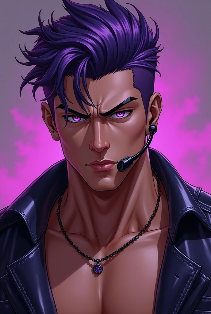 Close-up of a virile man in provocative latex clothing, manhwa mingwa style, violet samurai hair, purple eyes, tanned brown skin, tall, cool, dashing, athletic, with ear microphone, show cock, high quality, photography 8k, fanart, A sexy boy manhwa mingwa style