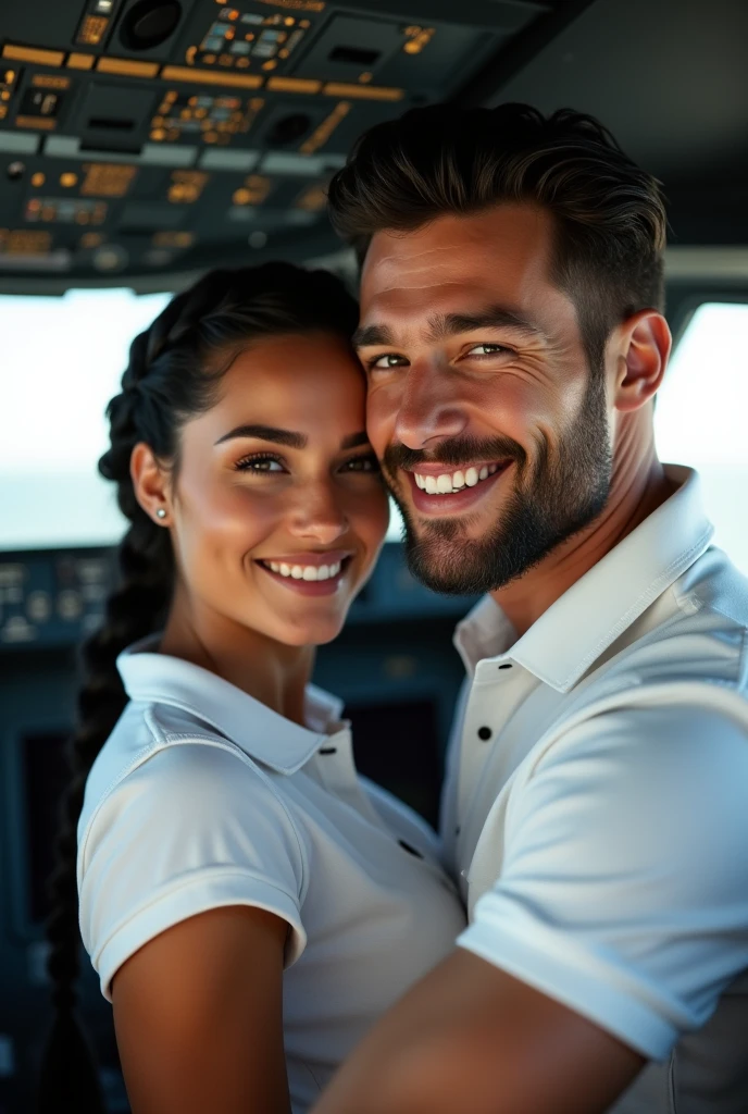 (photorealism: 1.2), hot brazilian sexy girl in sexy dynamic pose. raw portrait photography, hyper realistic and detailed face, complex and realistic skin texture, hot body, athletic body, smiling, long black hair with braid, dressed with white polo shirt and with her handsome tanned guy, brazilian, beard and nice smile, green eyes, black hair white pilot shirt in the cockpit of an airbus
