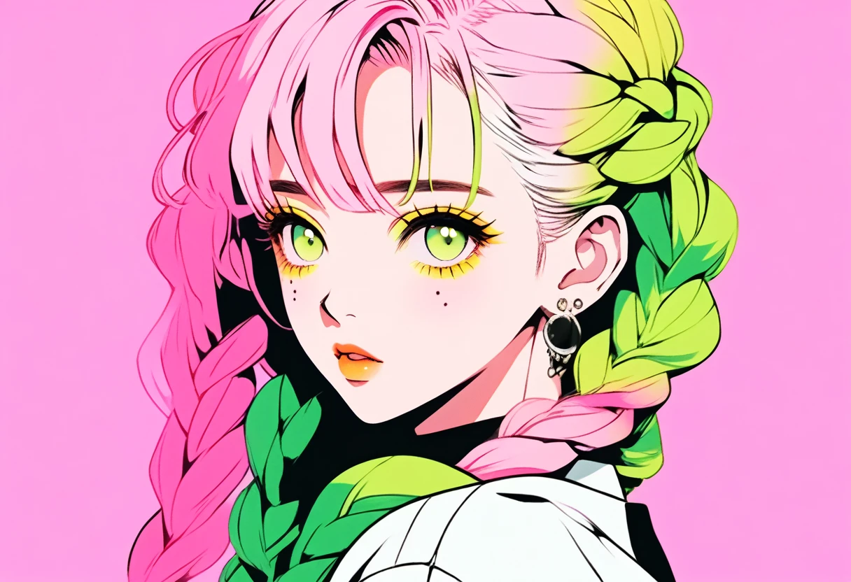 (Highest quality, sketch:1.2),Realistic,Illustrator,anime,1 girl, Detailed lips,custom,Pink gradient background,Neon Hair,Texture Clipping,masterpiece, style: Retro Classic, Dark Black、Braid、eyes are yellow-green、Pink and yellow-green gradient hair 、From a short distance