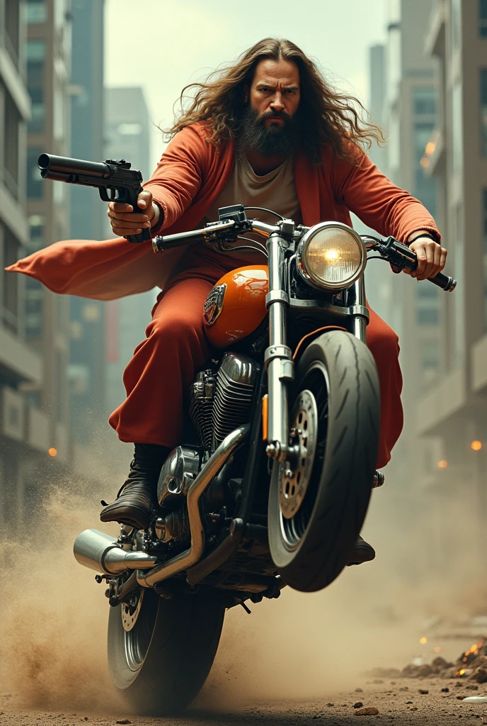 Make Leonardo da Vinci do a wheelie on a motorcycle while using a machine gun and in his left hand he uses a chair