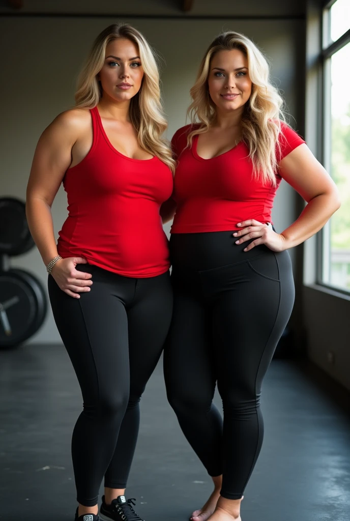 2 blonde women. big breasts. Wide hips. long and blond hair, blue eyes. Wearing black yoga pants and a red t-shirt . in a gym. looking directly at the camera, Full body photo, subtle makeup, impresionante Full body photo. Natural makeup, natural lighting. ultra realistic, meticulously detailed, realistic photo. Fatten them up to the max with 4-image sequences