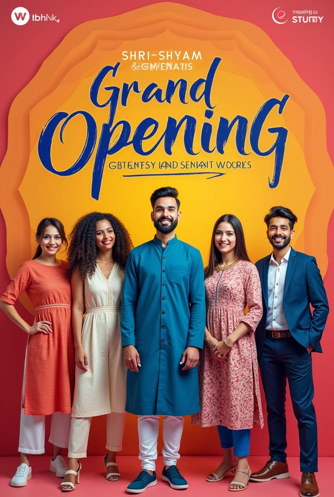 Make A advertisment photo in hindi language to share on social media ads of my new garments shop opening named "Shri shyam Garments" where I will sell all clothes for mens, women's,kids and footwear too , include "Shri shyam Garments" as the shop name 
