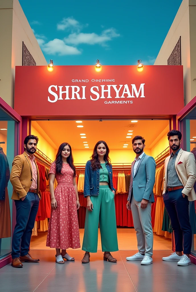 Make A advertisment photo in hindi language to share on social media ads of my new garments shop opening named "Shri shyam Garments" where I will sell all clothes for mens, women's,kids and footwear too , include "Shri shyam Garments" as the shop name