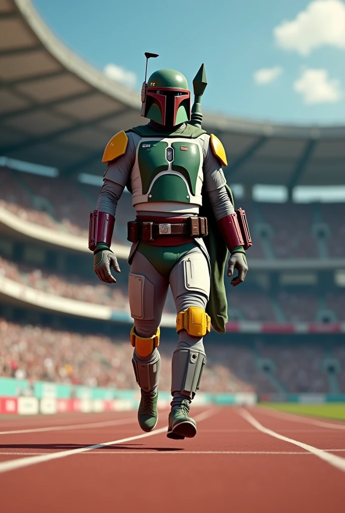 Boba Fett doing the long jump at the Olympic track and field、Star Wars、movie、Mandaean、