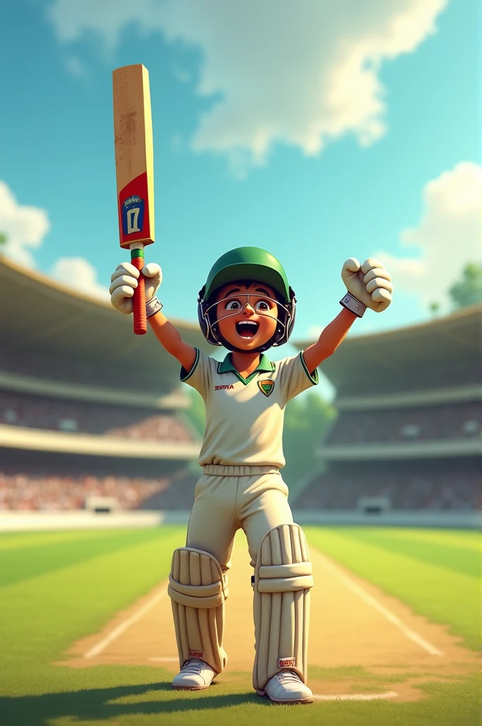 One boy into a cricket ground and his celebrate a century and his boy's hand helmet and second hand bat and his cricket Jersey name is ruturaj and jersey number is 07