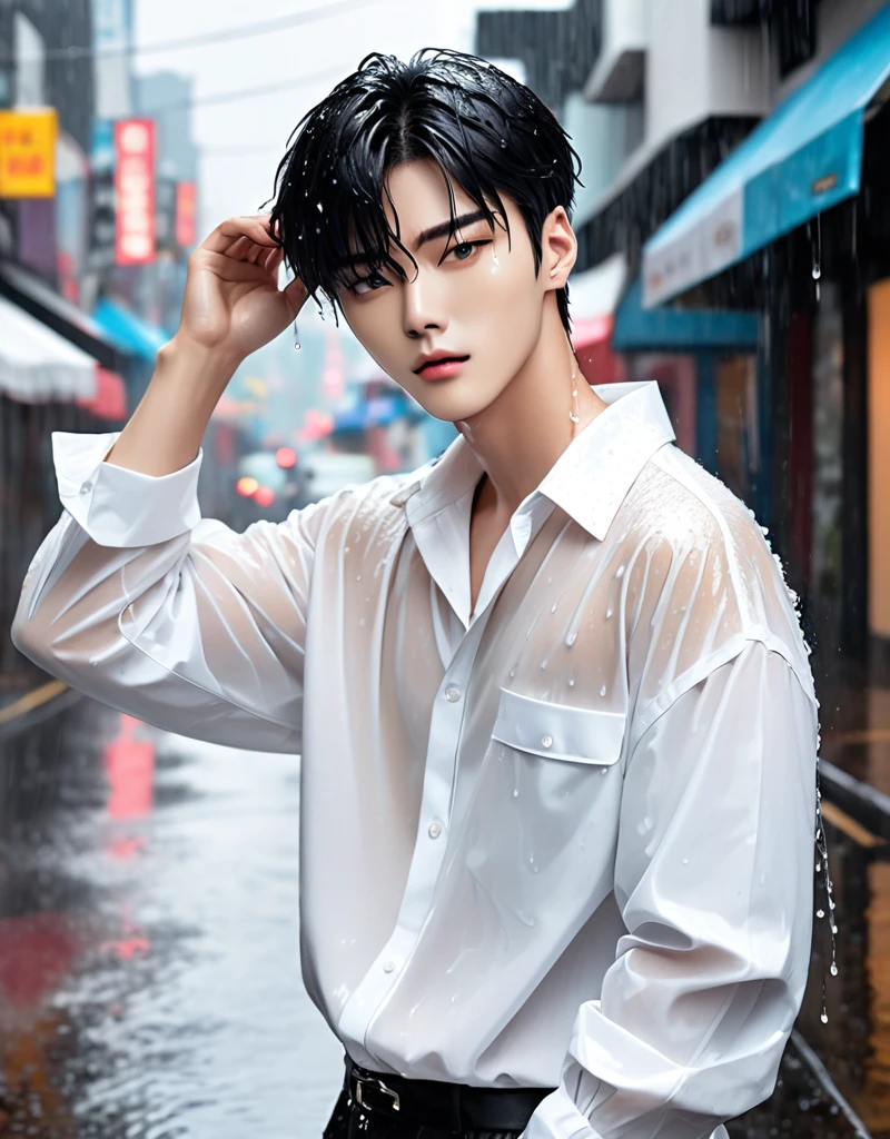 handsome korean man. fashion model, black hair. He look like kpop singers. Such as Cha Eun Woo, donghae. Detail face. He is now on the street. Wearing white colour shirt. Heavy rain by now. He got wet.