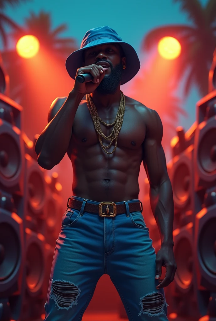 Full Body of a Realistic Caribbean Black Man with haircut inspired by flora with olive skin, 
Dancehall Music Singer, Blue Color bucket Hat in Blue Color, taking a singing position with one microphone in his Hand, against two soundsystem subwoofers as if he is singing in reality, People are watching and dancing around him, during the night, summer clothes, bokeh background, caribbean outdoors background, attire, 3D effect through expert shading, smooth textures, vivid colors, Hourglass Shape, 