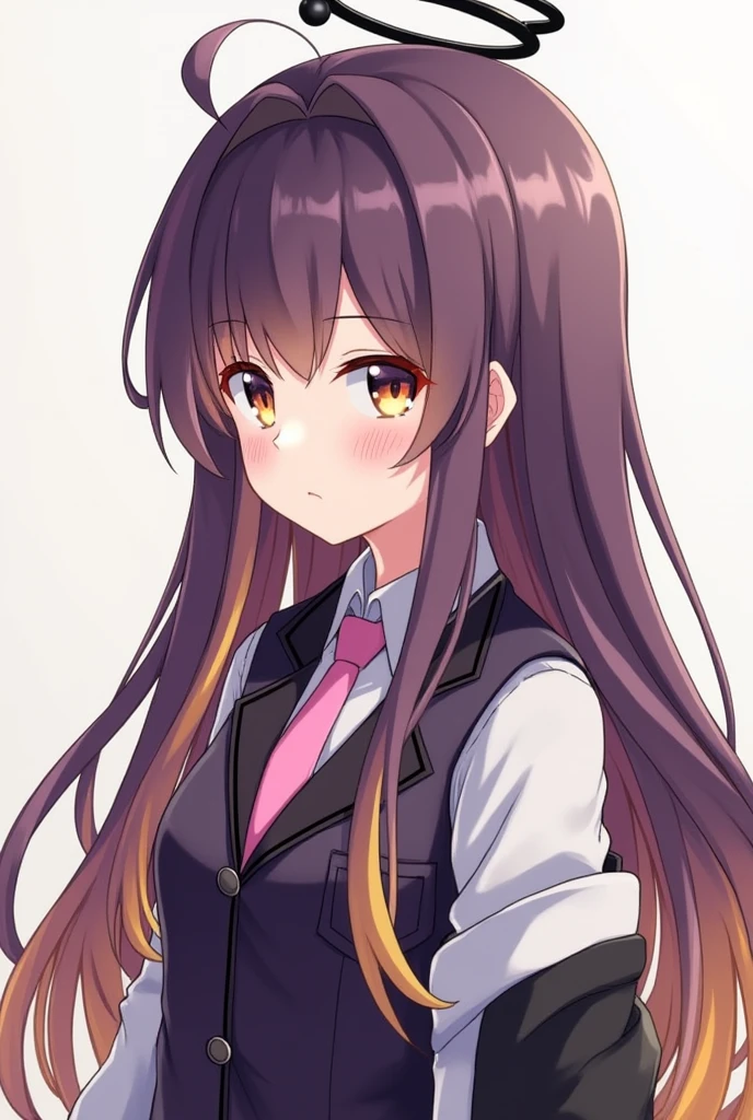 Potrait of long haired girl. Her bangs colours are purple, yellow and 1 pink strand hair. Her back hair colour is brown. She has a black halo. She wears dark purple jacket and pink tie. Her right sleeves is white and her left sleeves is black