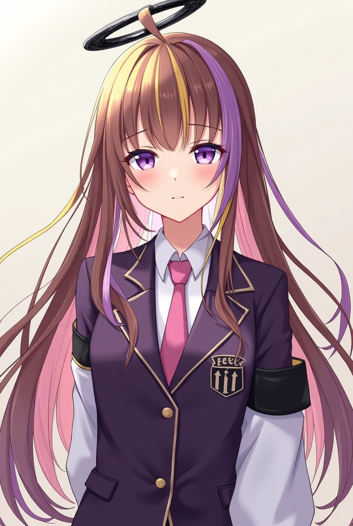 Potrait of long haired girl. Her bangs colours are purple, yellow and 1 pink strand hair. Her back hair colour is brown. She has a black halo. She wears dark purple jacket and pink tie. Her right sleeves is white and her left sleeves is black