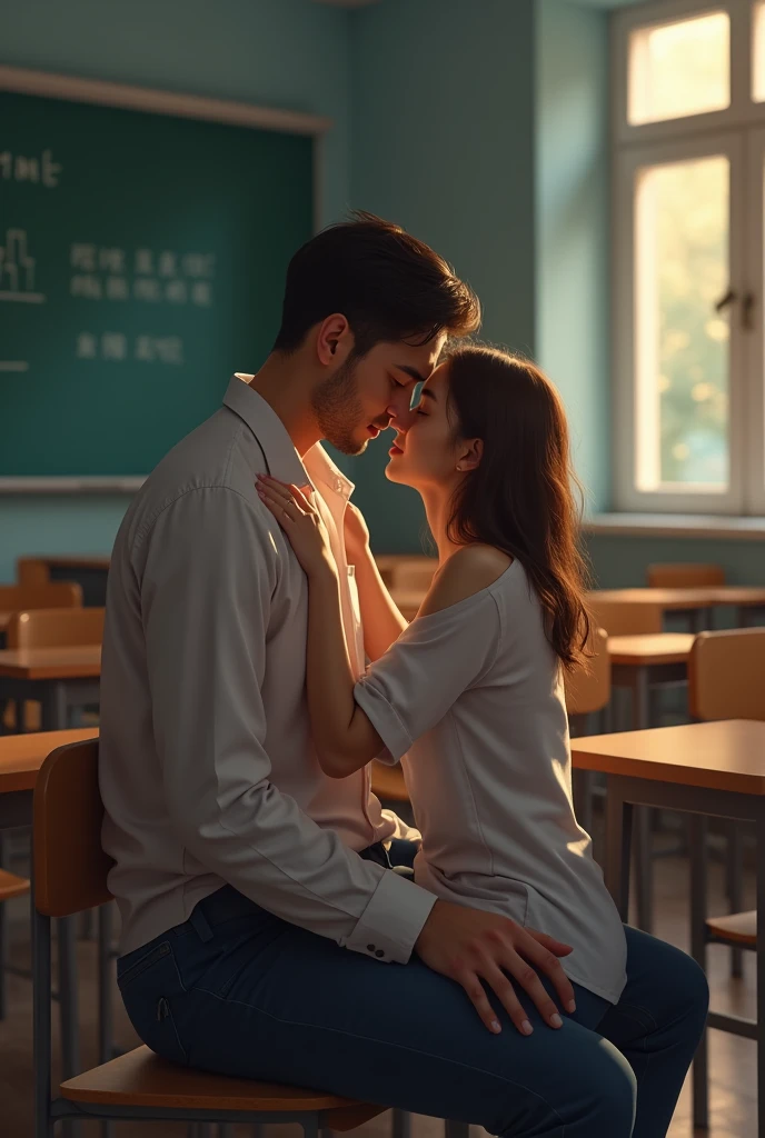 
A young woman sits on a man's lap in a mostly empty classroom. Her back rests against his chest, and his strong arms encircle her. She feels the warmth of his chest and the steady, reassuring rhythm of his heartbeat. His hand is placed gently on her neck, with his thumb softly caressing her pulse point. He lifts her chin and tilts her head, preparing to kiss her from that angle. The scene is intimate and quiet, with every point of contact between them emphasized by the silence of the room.