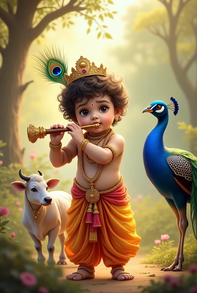 Very cute baby kanha ji , beautiful eyes,  wearing mukut with morpankh on that, playing flute at peaceful place, with baby cow and peacock all aroun