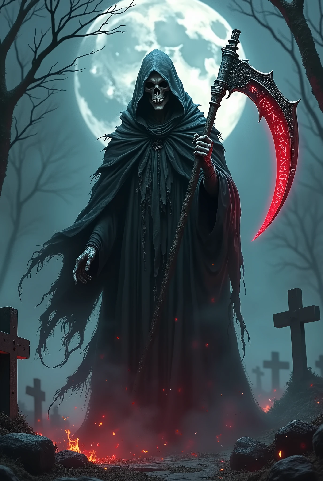 There's a grim reaper, tall and dark, with a gleaming skull deep within his tattered black cowl, his scythe has a wicked chrome blade with glowing red runes, the earth smokes at his feet as he stands in a darkened graveyard in the pale moonlight