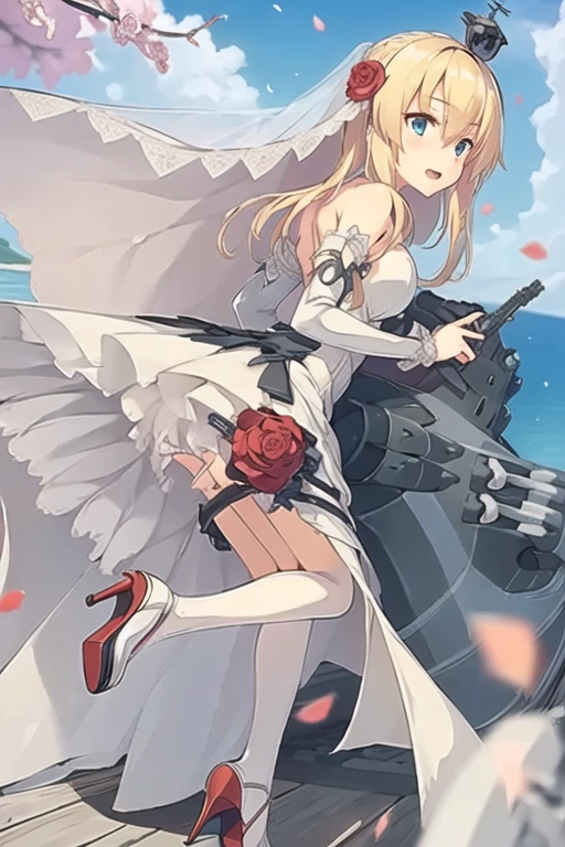 warspite \(kancolle\),,((masterpiece)),(((best quality))),((ultra-detailed)),((illustration)),((disheveled hair)),((frills)),(1 girl),(solo),1girl,bangs,blue sky,blush,bridal veil,cherry blossoms,cloud,cloudy sky,confetti,day,dress,earrings,eyebrows visible through hair,falling petals,flower,hair between eyes,hair ornament,high heels,jewelry,leaves in wind,long hair,looking at viewer,looking back,ocean,open mouth,outdoors,petals,petals on liquid,rose petals,shoes removed,sidelocks,single shoe,sky,soles,solo,splashing,tiara,tree,underwear,veil,water,wedding dress,white dress,Rating:safe,foreshortening,full body,stand, Blonde long hair(delicate eyes),(blue eyes),(wedding dress:1.2),