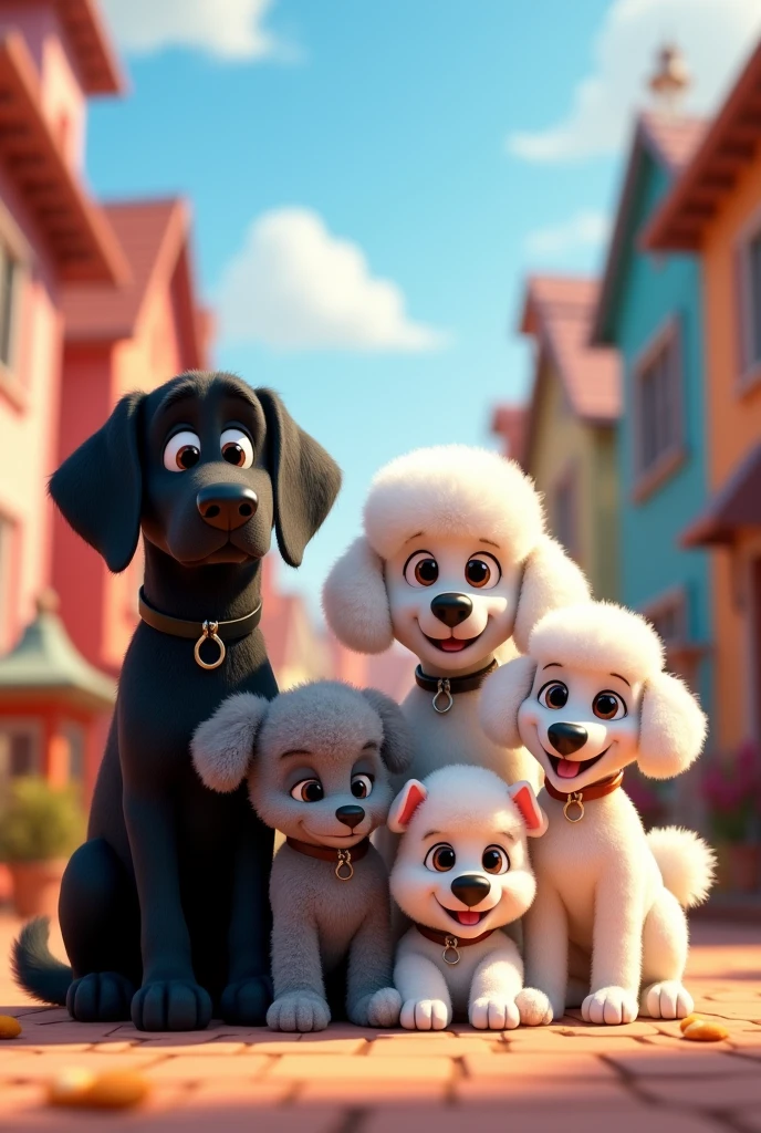 Pixar cartoon of six dogs: 1 black labrador, 1 poddle blanco, 1 poodle gris, 1 mini poodle gris, 1 white poodle with black and 1 white poodle with a black spot on the eye
