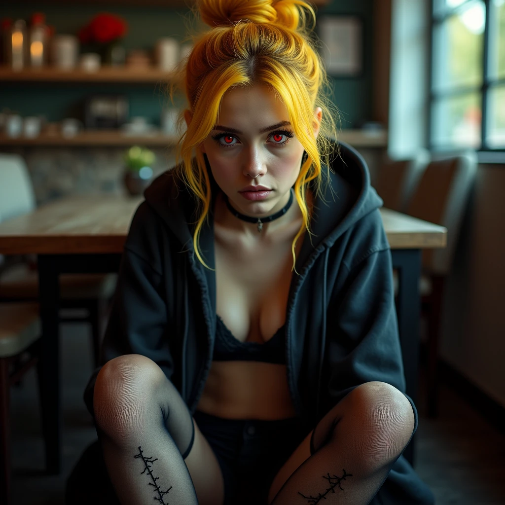 1 girl, yellow hair, updo hairstyle, streaks of hair in face, red eyes, mascara, oversized hoodie, midriff, hot pants, tights, laced tights, bags under eyes, sitting, coffee shop, ground angle shot, viewer looking up, feet in tights,  saggy tits, chocker, raw photography, masterwork,