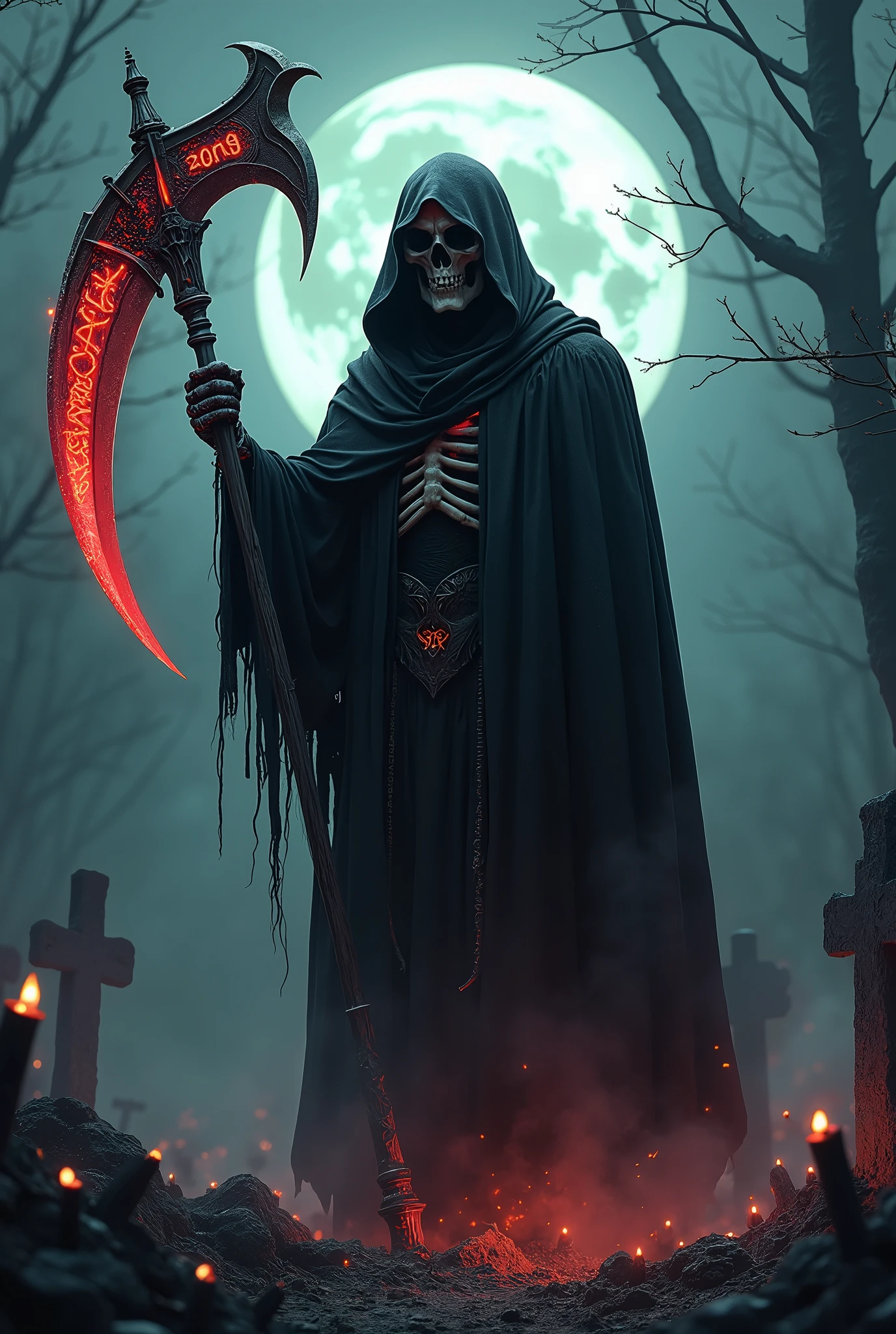 There's a grim reaper, tall and dark, with a gleaming skull deep within his tattered black cowl, his scythe has a wicked chrome blade with glowing red runes, the earth smokes at his feet as he stands in a darkened graveyard in the pale moonlight