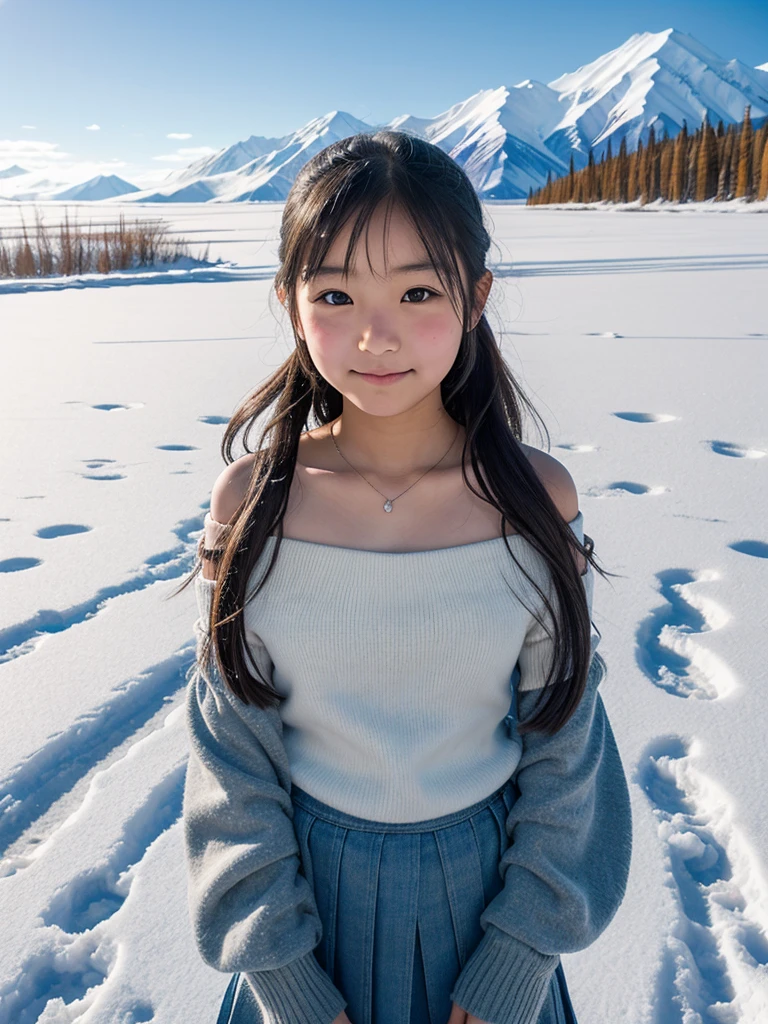 Japanese elementary school girl, off-shoulder, sweet expression, winter, Kluane National Park, Canada, snowy field