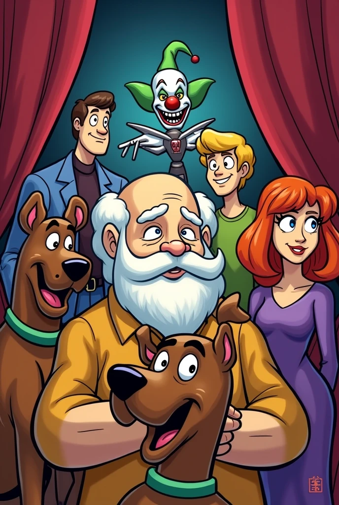 Fritz Perls, psychiatrist, a little chubby, bald with white hair only on the sides, white bearded, thick eyebrows, has some wrinkles. drawing version (in drawing style/animation "scooby doo"). He&#39;s with the Scooby Doo gang (scooby, The dog; velma, a woman who has short, dark hair with bangs, use your eyes, orange blouse and red skirt; sausage, skinny man, Red-Haired, wears a green shirt with brown pants and is a little hunchbacked; fred, Tall man, blond and slightly muscular, wears a blue and white shirt and blue denim pants; e daphne, beautfull woman, slender, redheadwear, who wears purple dresses with a green scarf) are a circus, everyone watches the show, while an evil clown watches from behind the curtains, ready to attack