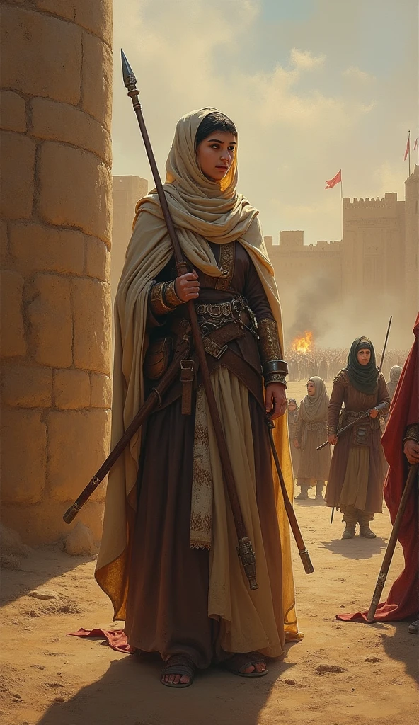 Oil painting size 9:This 16 depicts Safiyah bint Abdul Muttalib in her heroic role protecting the fort inhabited by women and children during the Khandaq War. In this composition, Safiyah stood upright in front of the strong fortress, ready to face the threat from the approaching Quraish forces. He wore traditional combat clothes and held his weapon with great courage., while the expression on his face shows determination and courage. Behind, women and children are seen taking shelter inside the fort, with some women helping to set up additional shelter. The background features a chaotic battlefield with distant enemy forces, while the dim sunlight shines on the fort, adding to the dramatic and heroic atmosphere of the scene.