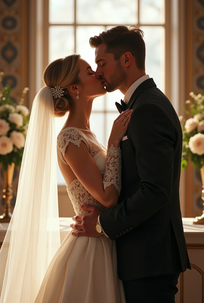 At the wedding altar, the bride and groom are kissing each other. The stunning twenty-year-old bride stands radiant in her long, white wedding gown. Her fair complexion and blonde hair, styled in an elegant bridal bun, complement the sheer, long lace sleeves of her gown. A delicate wedding veil cascades over her shoulders, and her ensemble is completed with sparkling earrings, a graceful necklace, and white heels. Beside her, the groom exudes charm in a classic black suit. With his fair complexion and neatly groomed dark brown hair.