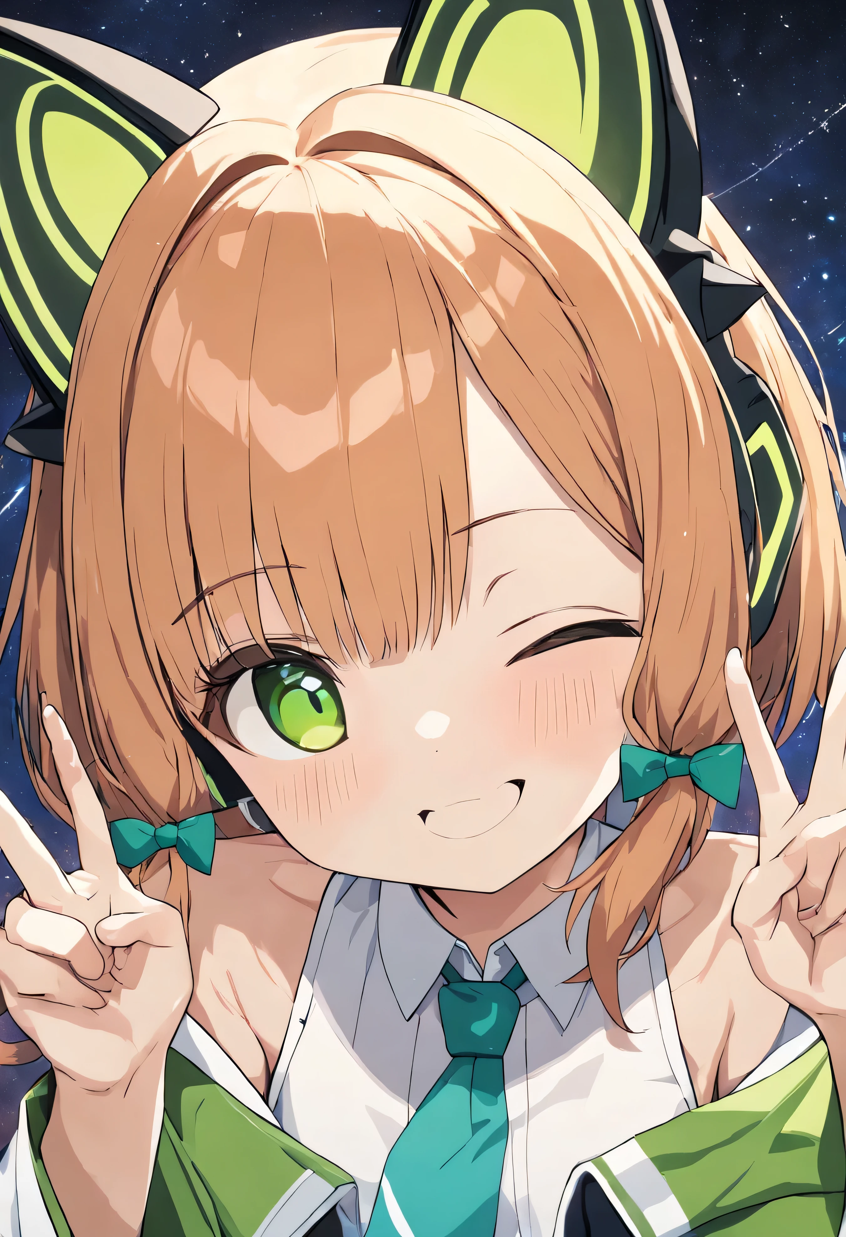 1 girl,Green_\(green_archive\),Looking at the audience,Cat ear headphones,Hello,smile,Milky Way Background,Hair between the eyes,Exposing shoulders,Upper Body,Close one eye,Wink,Double V,
masterpiece, Highest quality