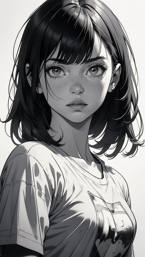 1 boyish girl, solo, sharp eyes, monochrome, greyscale, short black hair, portrait, white T-shirt, thin eyebrows, closed mouth, looking at viewer, graphite \(medium\), detailed lips, hatching \(texture\), without makeup, full bangs, upper body, (best illustration), (best quality), (very detailed), (masterpiece), expressionless,