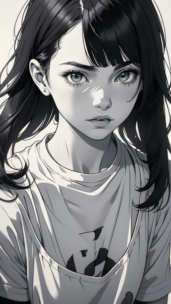 1 boyish girl, solo, sharp eyes, monochrome, greyscale, short black hair, portrait, white T-shirt, thin eyebrows, closed mouth, looking at viewer, graphite \(medium\), detailed lips, hatching \(texture\), without makeup, full bangs, upper body, (best illustration), (best quality), (very detailed), (masterpiece), expressionless,