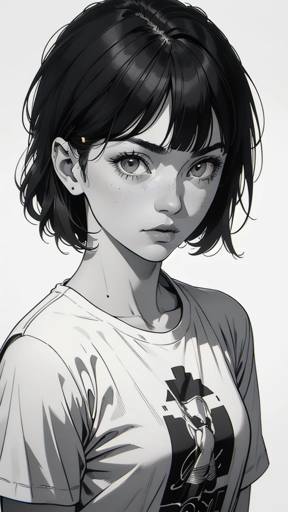 1 boyish girl, solo, sharp eyes, monochrome, greyscale, short black hair, portrait, white T-shirt, thin eyebrows, closed mouth, looking at viewer, graphite \(medium\), detailed lips, hatching \(texture\), without makeup, full bangs, upper body, (best illustration), (best quality), (very detailed), (masterpiece), expressionless,