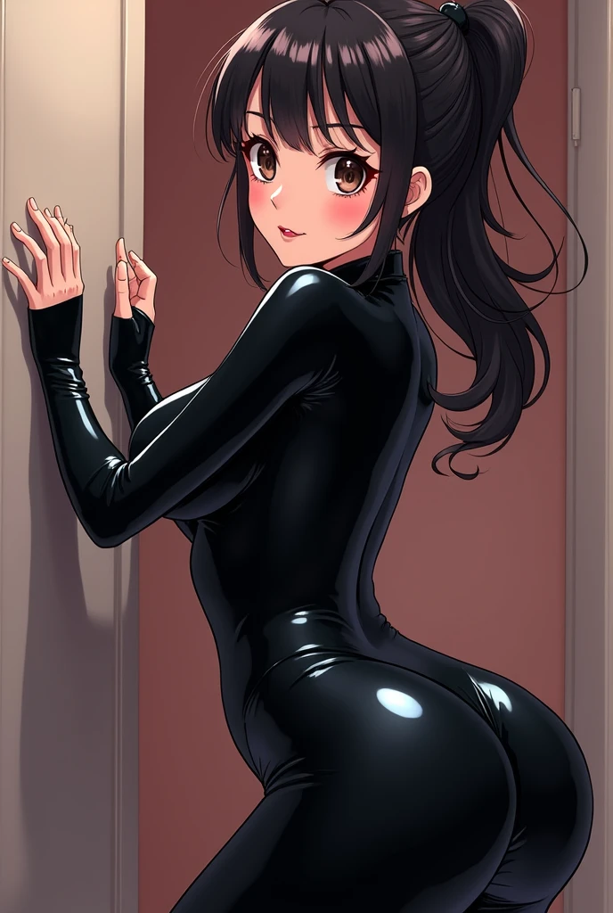 Chubby anime girl showing ass in black shiny latex suit with hands on wall, tilted at 90 degrees