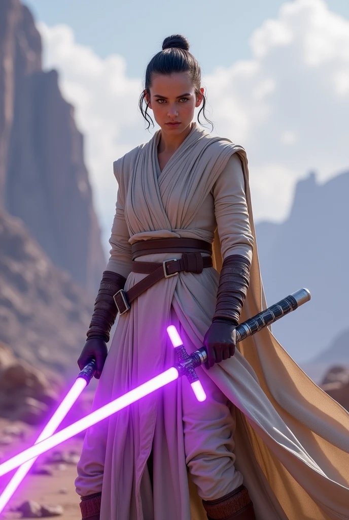 Jedi Rey Skywalker with purple double lightsaber