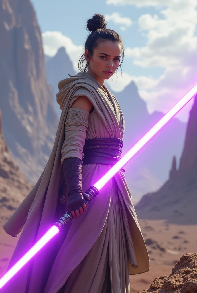Jedi Rey Skywalker with purple double lightsaber