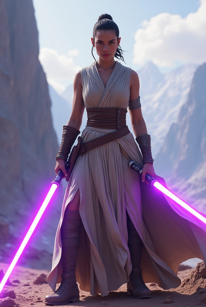 Jedi Rey Skywalker with purple double lightsaber