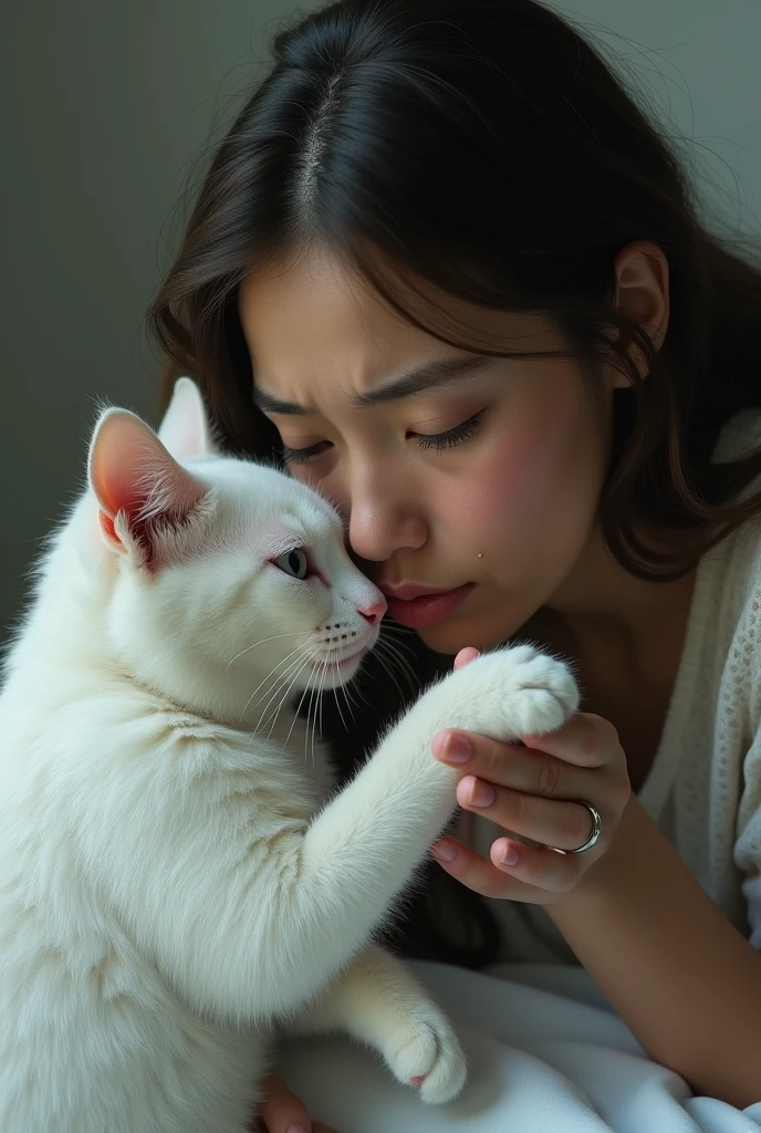 A woman Blow his hand of a white, realistic, cat. Action-crying, expression-very sad,