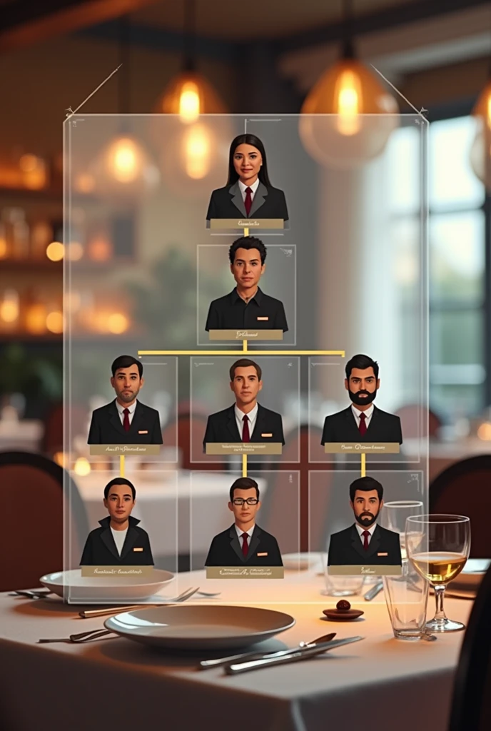 A hierarchical organizational chart. Add boss goes first, supervisor second, third waiter and two waiters. There are only 5. Order in a hierarchical manner