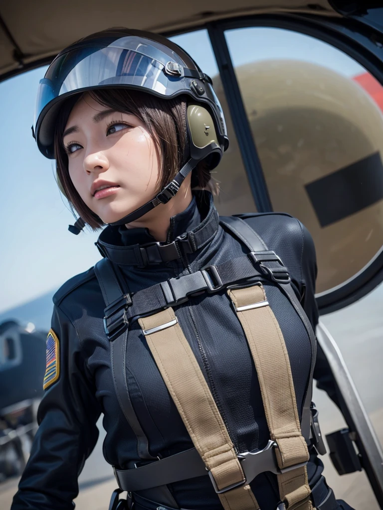 A female air force soldier wearing a helmet and pilot suit,Thick harness belt,Plump,Sweaty,