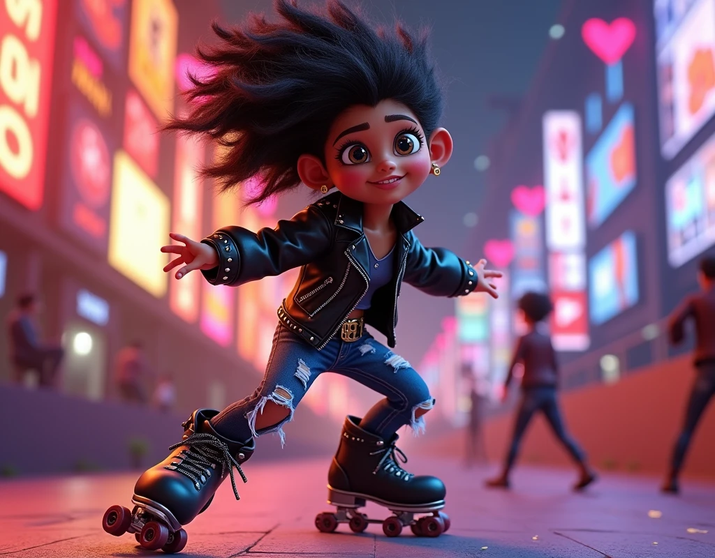 "Create a 3D image in a Pixar-like style featuring a Latino roller figure skater with medium to dark skin tone. The skater has wild, tousled hair that enhances the edgy, rebellious vibe. They are wearing a rocker-themed outfit, including a black leather jacket, distressed jeans, and studded accessories. The skates are sleek, with metal details that match the edgy look. The character is in a confident, dynamic pose, possibly mid-spin, with an urban, rock-concert-like atmosphere in the background. The lighting should be vibrant, emphasizing the character's energy and attitude."