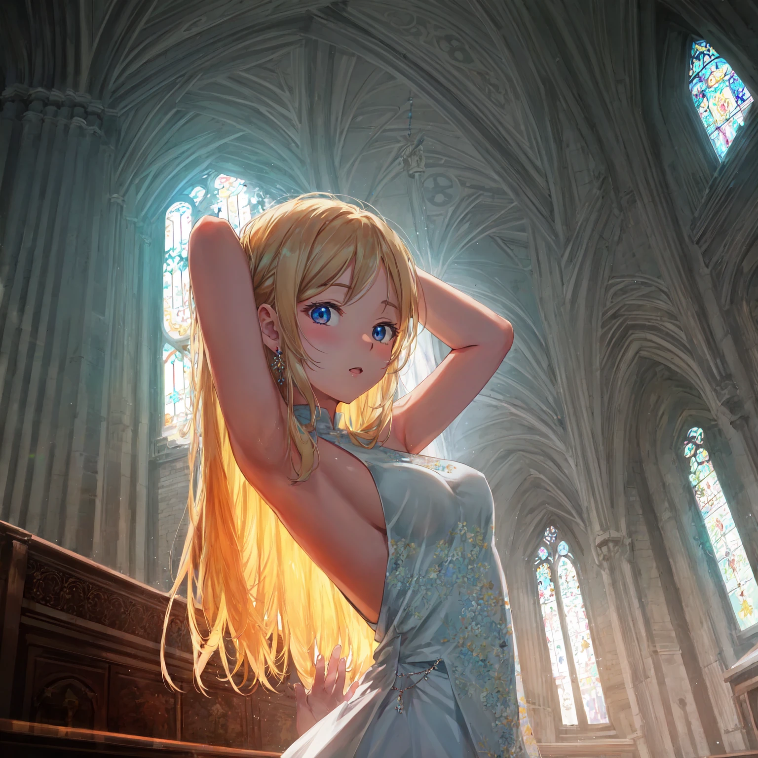 (pencil art:1.3),masterpiece, Highest quality,pastel color,church,dutch angle,18歳,腕を上げる,緩い白いワンピース,脇,{{beautiful medium-sized breasts1:4}},master peace ,{{beautiful blue eye1:4}},,(((Sacred))),Photoreal 1;4,{{blond hair}}, top quality, {{beautiful butt}}, cute girl, high quality background, BREAK, 5 fingers