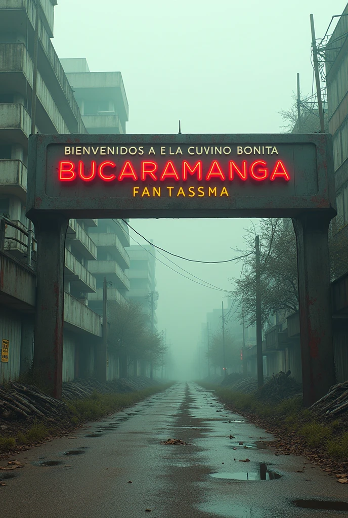 The image of the entrance sign to a city in this case Bucaramanga, in Colombia, where the sign says "Bienvenidos a la ciudad bonita" in spanish but "bonita" will be crossed out with an x ​​in red and below in the same color it will say as a "fantasma" correction. With an apocalyptic and abandoned atmosphere, in a futuristic and mysterious way.
Cyberrealistic