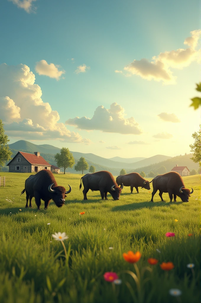 "Create a picturesque scene of a buffalo farm with lush green fields and a variety of buffaloes grazing peacefully. Include a rustic barn and a cozy farmhouse in the background. The image should capture a sense of tranquility and the pastoral beauty of farm life, showcasing the animals in their natural, serene environment."