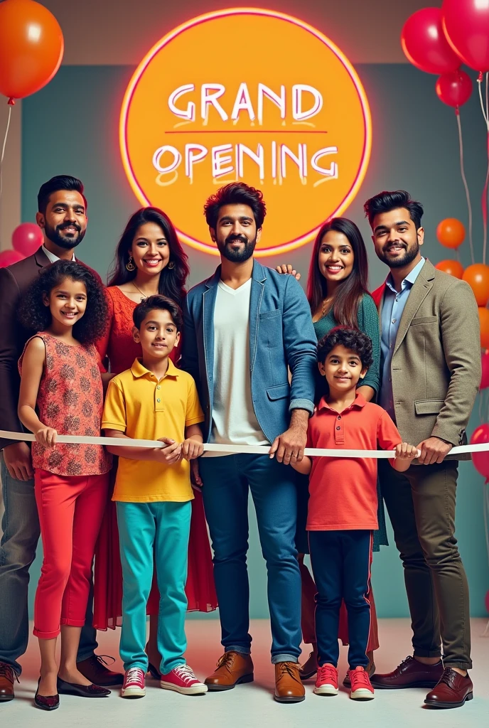 Make A advertisment photo in hindi language to share on social media ads of my new garments shop opening named "Shri shyam Garments" where I will sell all clothes for mens, women's,kids and footwear too , include "Shri shyam Garments" as the shop name