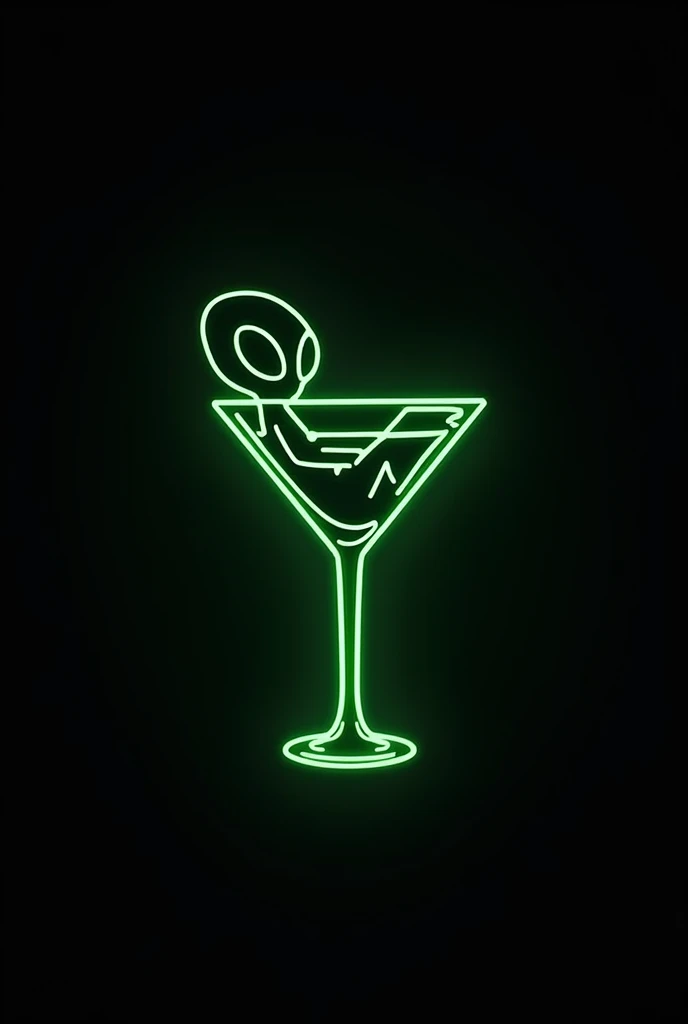 Business logo with text: "Alien Cktl " Black background , neon green colors , alien chill inside spaceship shaped cocktail glass 
