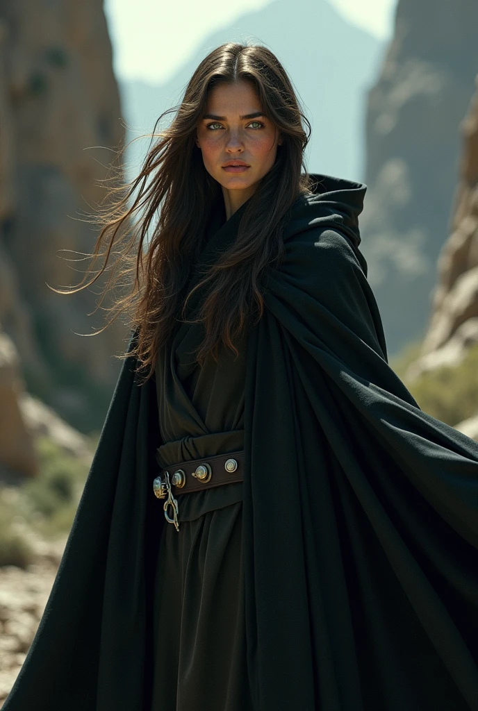 star wars character with black poncho and green eyes long brown hair