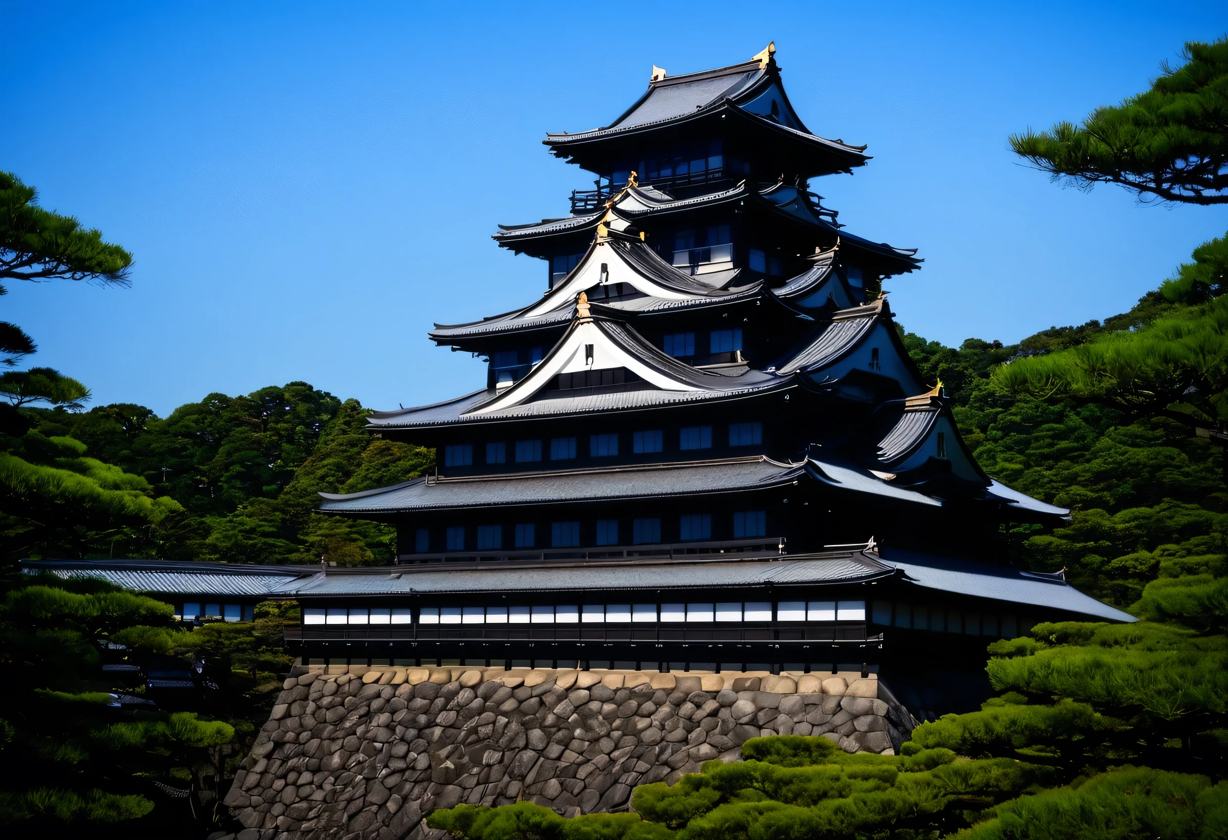In the Sengoku period, under the bright midday sun, a magnificent twenty-tiered castle stands tall, seemingly grand and radiant. However, legend tells of demons that dwell within, guarding secrets as dark as they are terrifying. The castle’s towers, illuminated by the sunlight, appear to glow like gold, creating a scene that overwhelms with its presence and mystique. Even in the bright light of day, this landscape, shrouded in the shadows of the Sengoku era, opens a window to a world where history and legend intersect.