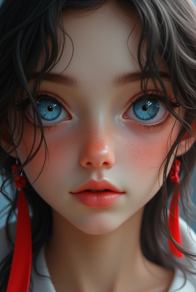 Very blue eyes of a super cute girl with dark brown hair and a red ribbon in her hair, with sprinkled freckles. extremely beautiful 