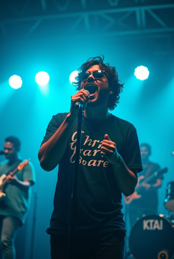 Male singer: 1, lights: 1.5, with cold cap, curly hair: 1.3, (holding microphone: 1.2), Shirt with Echo Grace written on it, wearing sunglasses, comely, cerulean, Face ultra detailed, band playing behind detailed, praising God, feeling the presence of God. Singer with microphone in hands shouting into microphone,