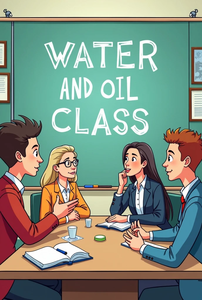 create a cartoon of a group of pedagogy academics called: Water and Oil Class