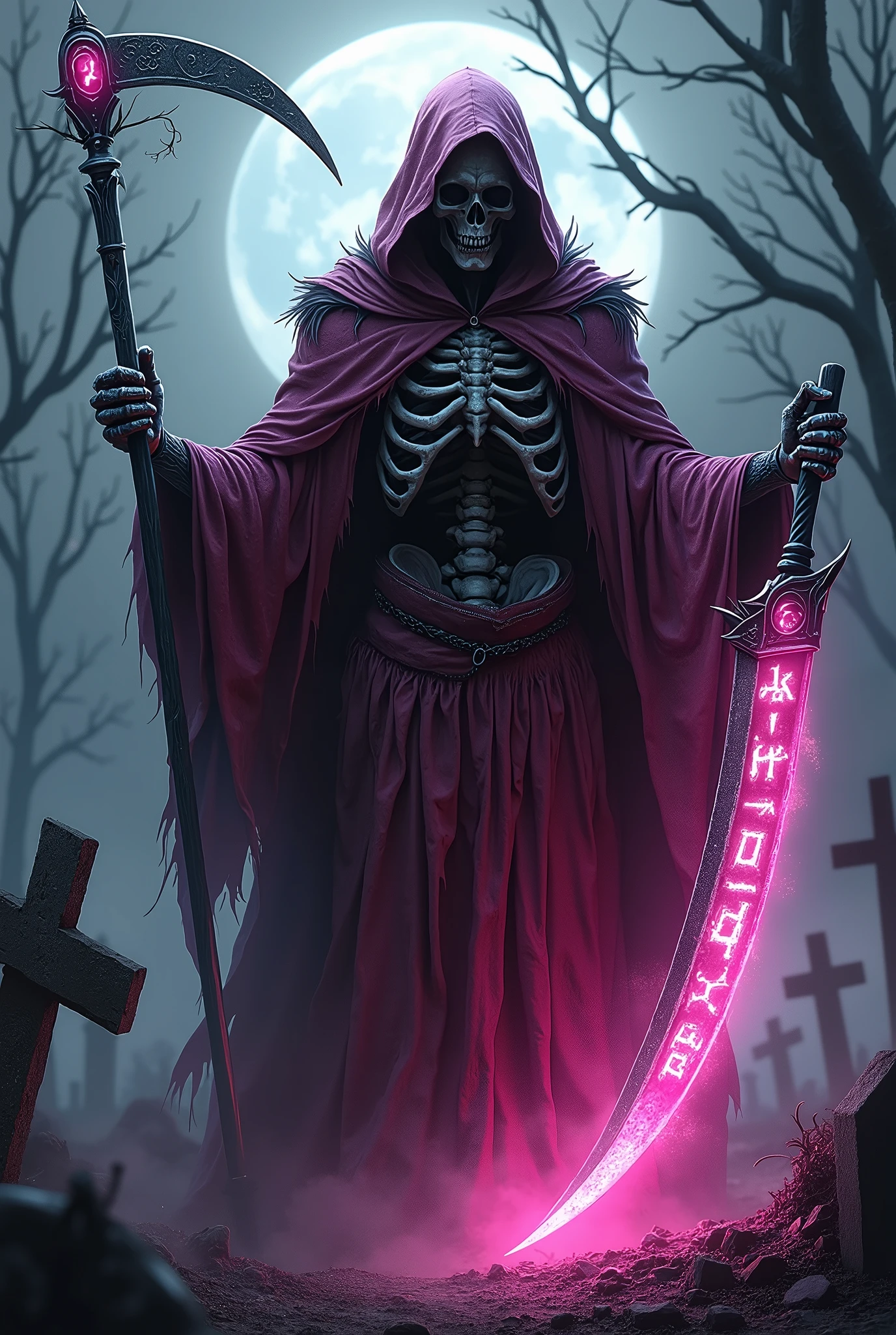 There's a grim reaper, tall and dark, with a gleaming skull deep within his tattered pink cowl, his scythe has a wicked chrome blade with glowing pink runes, the earth smokes at his feet as he stands in a darkened graveyard in the pale moonlight