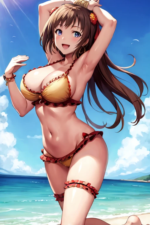 masterpiece, best quality, beautiful art, high resolution, well formed hands, body and fingers, 1 woman, solo, Ui Wakana, grown up, arabian belly dancer, adult, large and round breasted, cleavage, hair ribbon, full body, sexy and skimpy arabian belly dancer outfit, wearing a Mata Hari outfit, mata_hari_cosplay, gorgeous legs and thighs , dancing seductively and erotically, turning backwards and forwards, showing her back and front, shaking her body, bikini thong, smiling joyfully, looking at the viewer, flirting, beach environment
