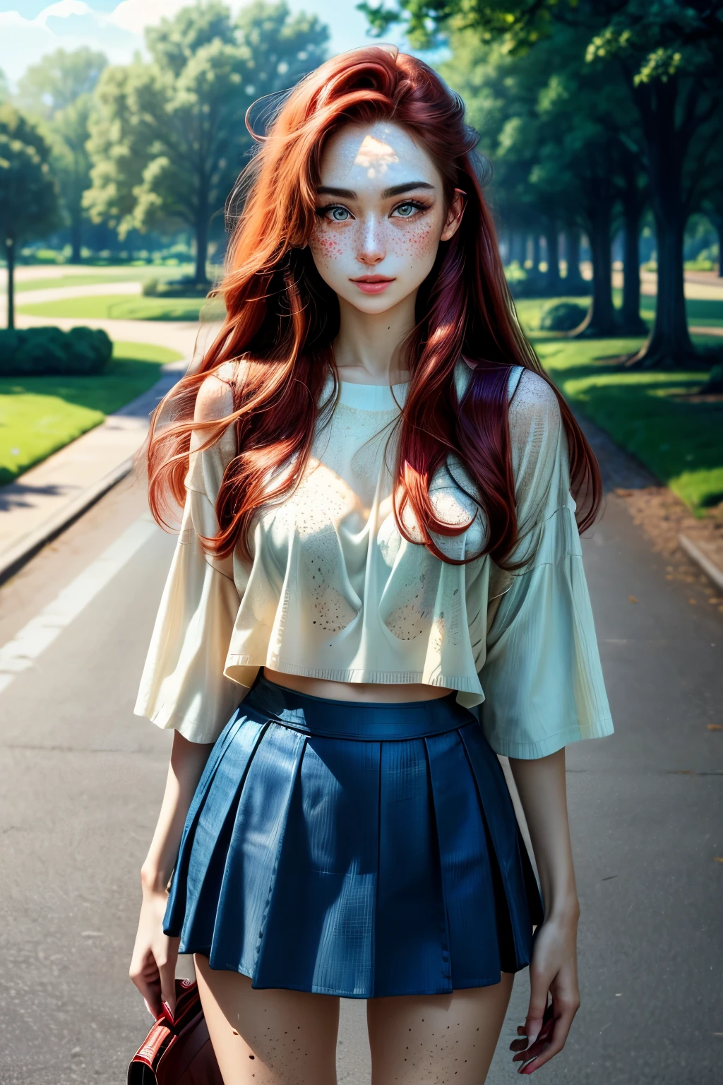 a one woman, long straight red hair, whole glass, perfectbody, blue colored eyes, freckles on the face, face detailed, skirt short, standing, in a park, ray tracing, high resolution, super detaill, 8k, Overview