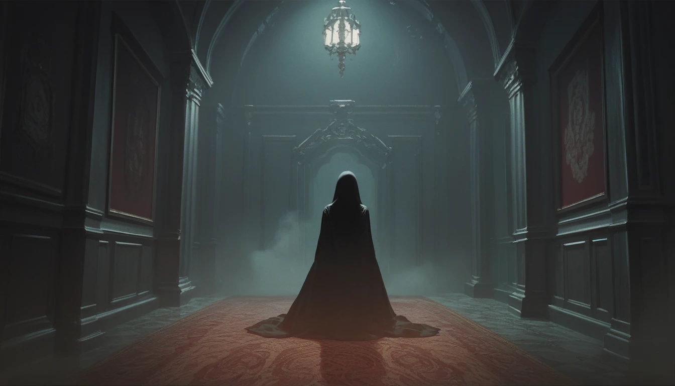 gothic style room, scary, aristocratic room, night, no light, No people, red wallpaper, no light, fog, Scary atmosphere